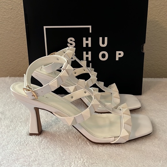 KILEY STUDDED SQUARE TOE KITTEN HEEL - WHITE - Picture 3 of 5